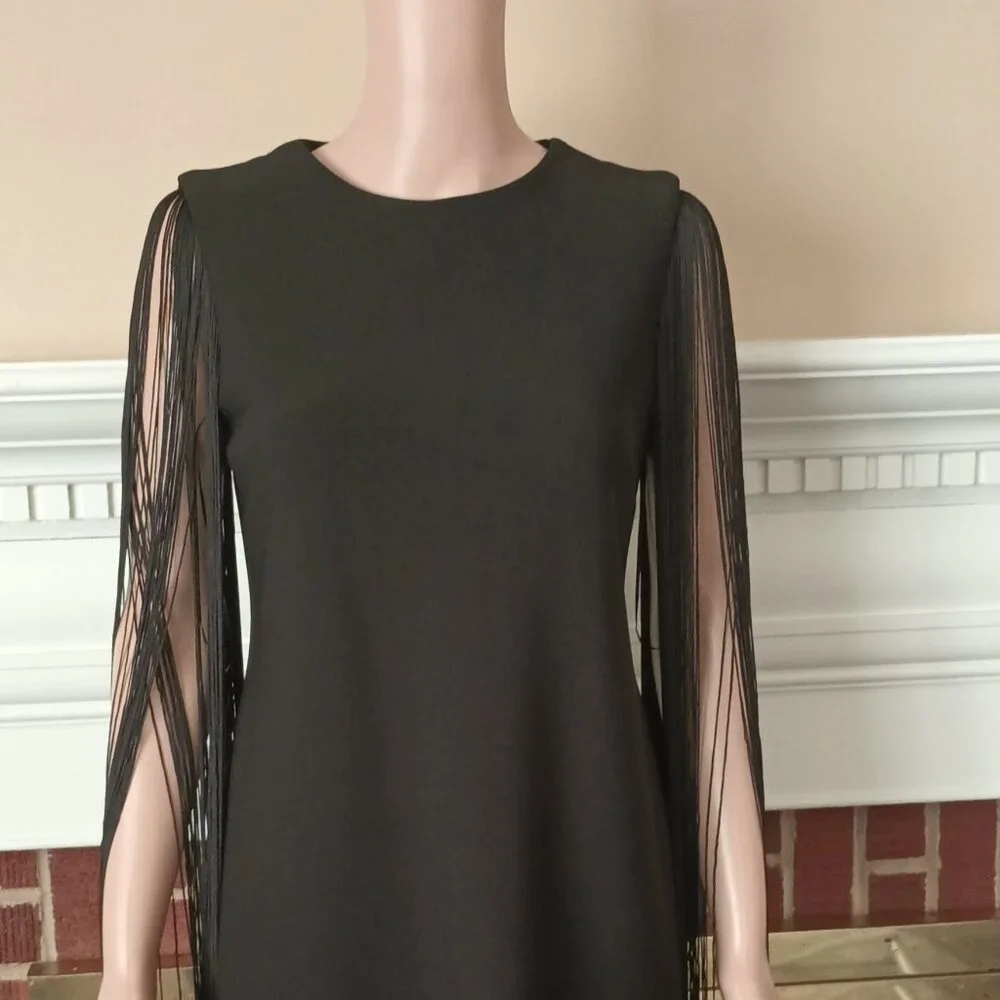 Taylor Fringe Sleeve Sheath Dress 4 Women's Black Evening Cocktail. Stretch